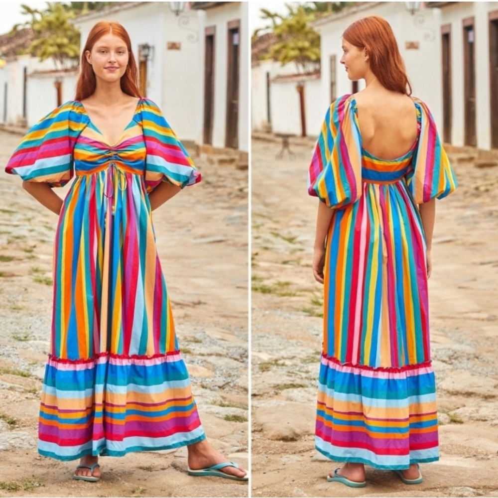 Anthropologie Farm Rio Stripe Midi Dress Rainbow Tiered Puff Sleeve